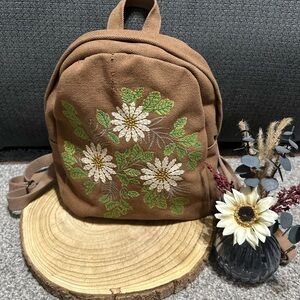 Floral Embroidered Brown Small Backpack